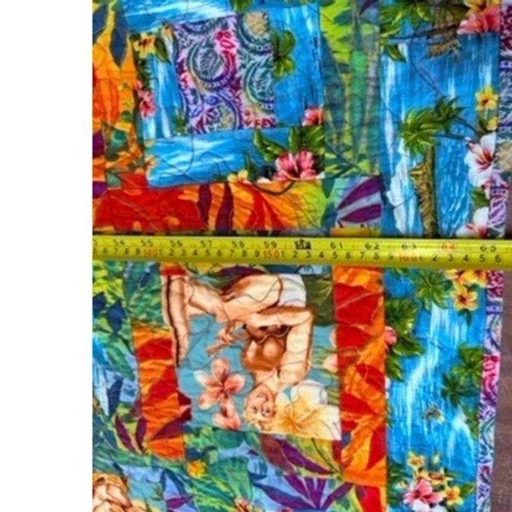 Hawaiian Tropical Hula Girl Surf Patchwork Quilt Multicolor 66x66 Square Bedding